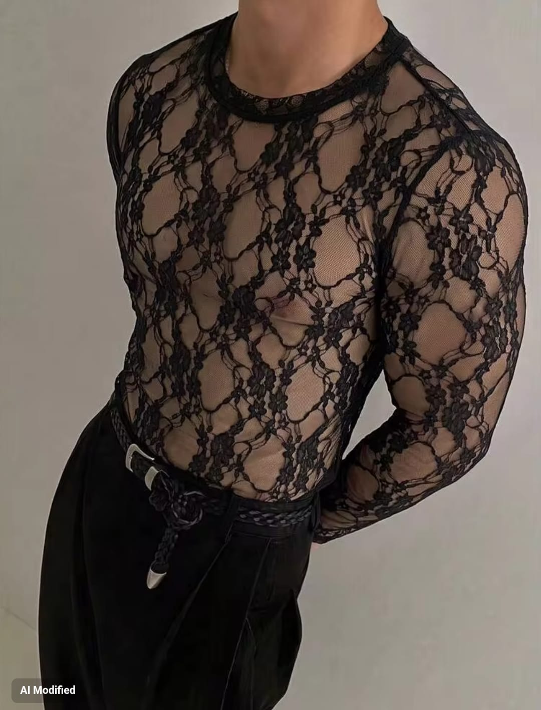 Men's High-Stretch Sheer Floral Lace Crewneck Long Sleeve Fitted T-Shirt